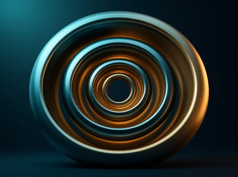 A series of concentric metallic rings spiraling inward with alternating cyan and gold lighting against a dark background.