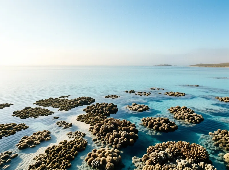Scattered brown coral mounds sit in clear turquoise shallow water with distant land on the horizon.