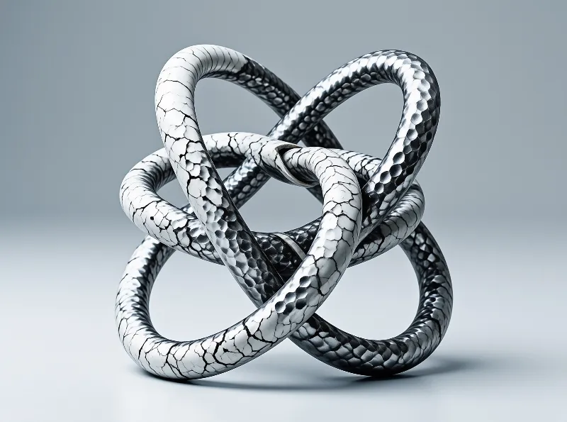 A complex sculptural knot with cracked and hammered textures rests on a smooth gray surface.