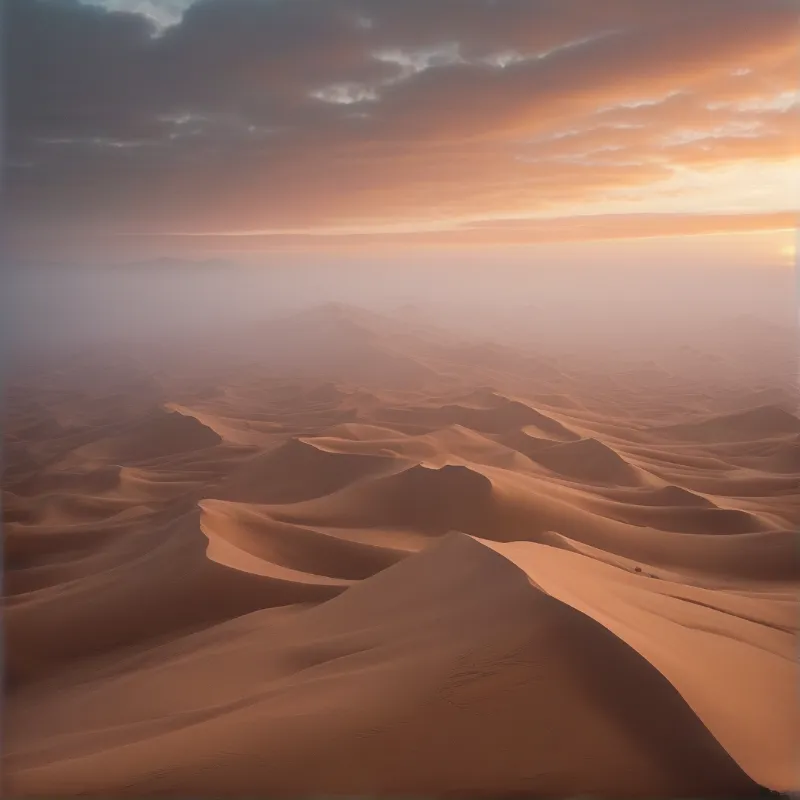 A wide expanse of rippling desert sand dunes stretches toward the horizon under a sky filled with soft orange clouds during the golden hour