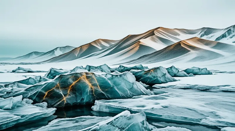 Translucent blue ice chunks featuring yellow mineral veins float in a dark lake backed by snow capped mountains.