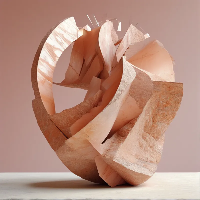 Petal-like curls of carved pale wood form a rose shape against a soft pink studio wall with gentle directional light.