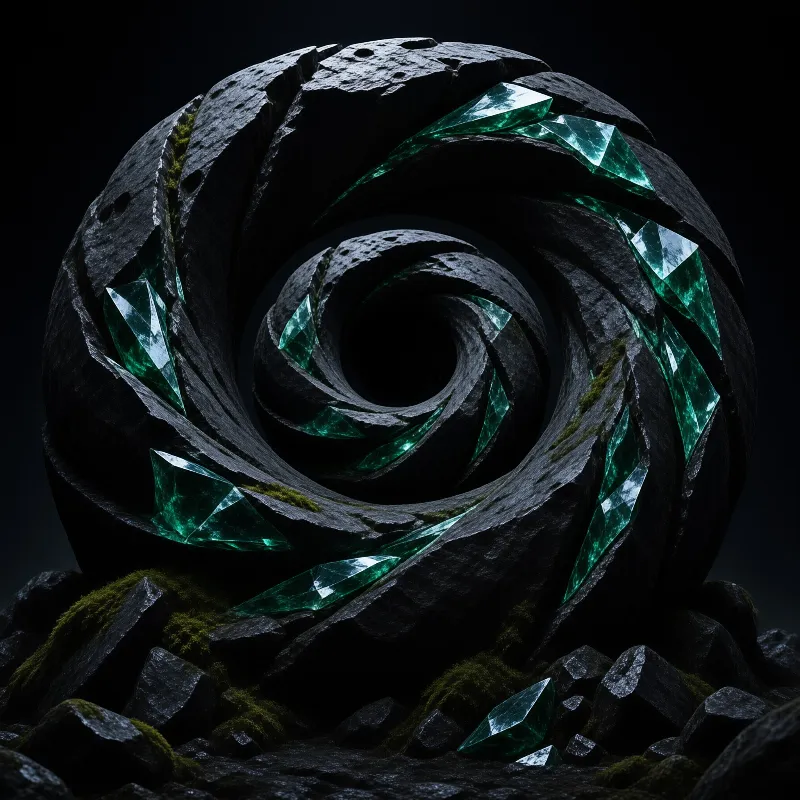 A dark stone vortex inlaid with faceted green crystals sits among mossy boulders against a black backdrop.