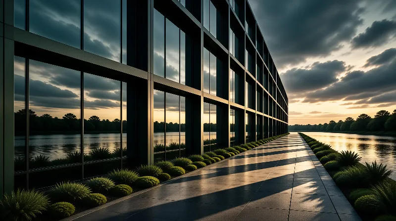Large windows reflect sunset sky and water while shadows stretch across a paved path lined with vegetation.