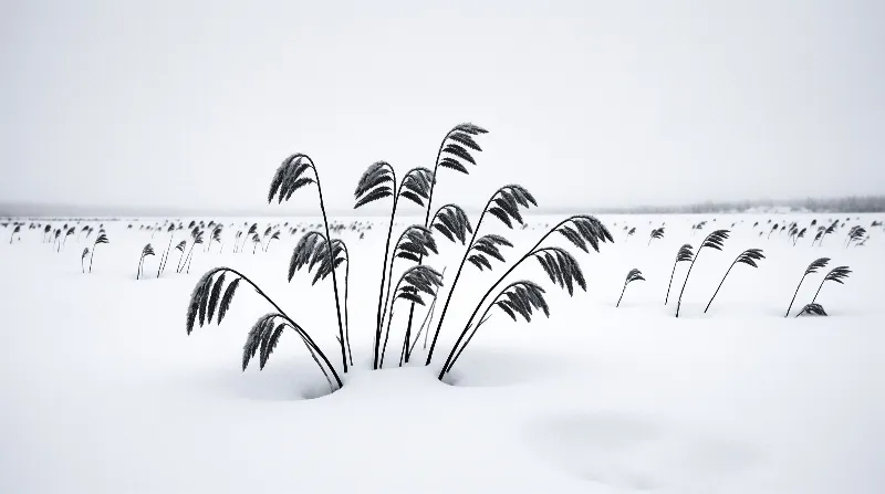 Dark vegetation stalks rise from a blanket of white snow under an overcast sky.