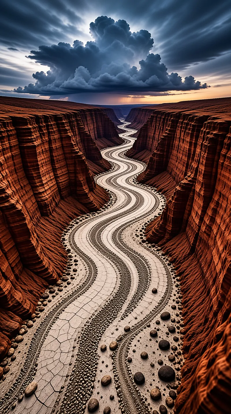 A pale serpentine trail winds through towering red rock cliffs beneath heavy blue storm clouds.