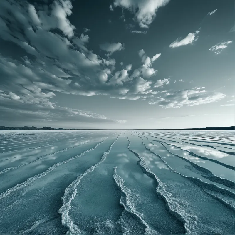 Parallel water channels cut through a vast salt flat, reflecting the clouds and light of the expansive sky.