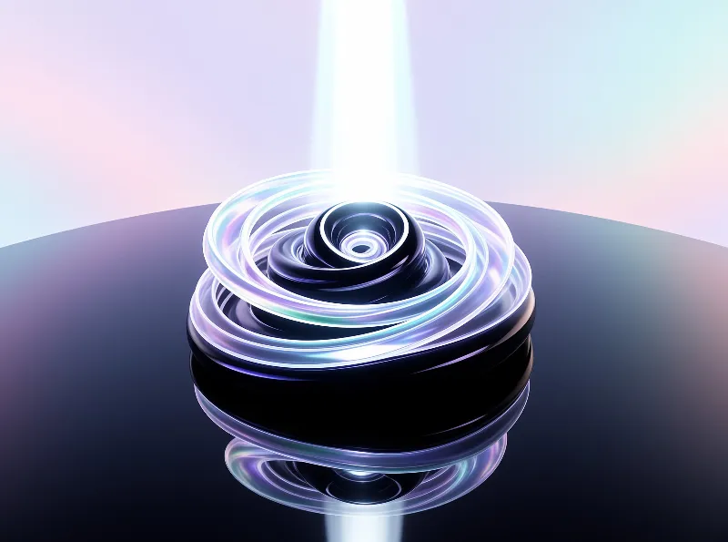Glossy coiled form with glowing concentric rings floats on a dark reflective plane beneath a vertical light column and pastel sky