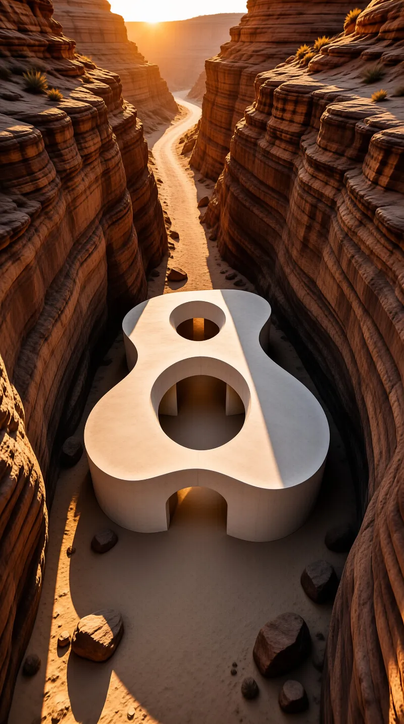 A smooth white geometric building stands in a sandy gorge surrounded by layered red cliffs bathed in warm light.