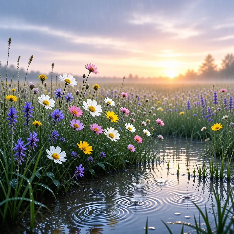 Colorful wildflowers sway in a rain-soaked meadow as golden sunset light reflects on rippling water.