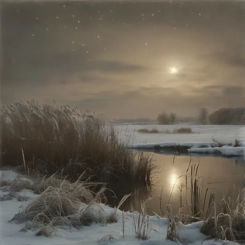 Tall dry reeds frame a snow covered marsh and a still stream reflecting a hazy moon under a pale amber sky