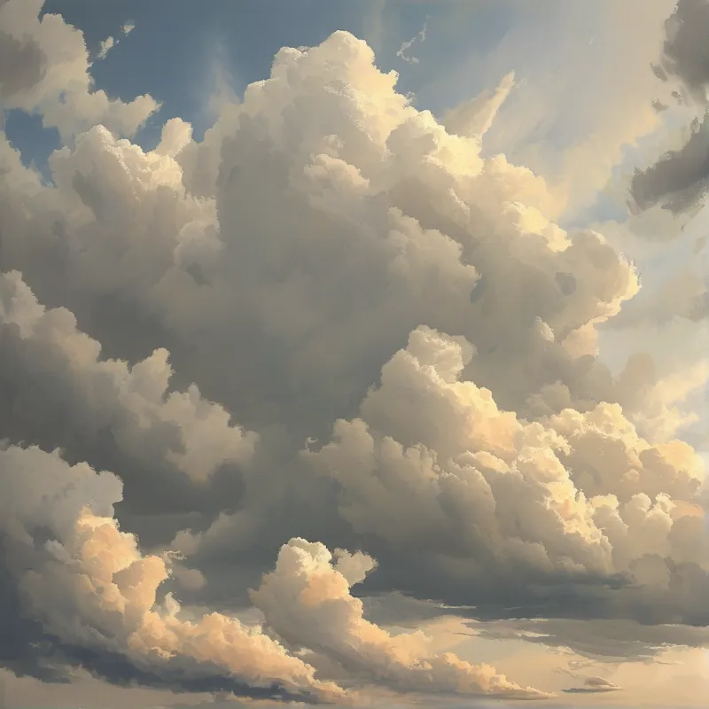 Large white and grey formations fill the sky, bathed in warm amber light highlighting their textured edges.