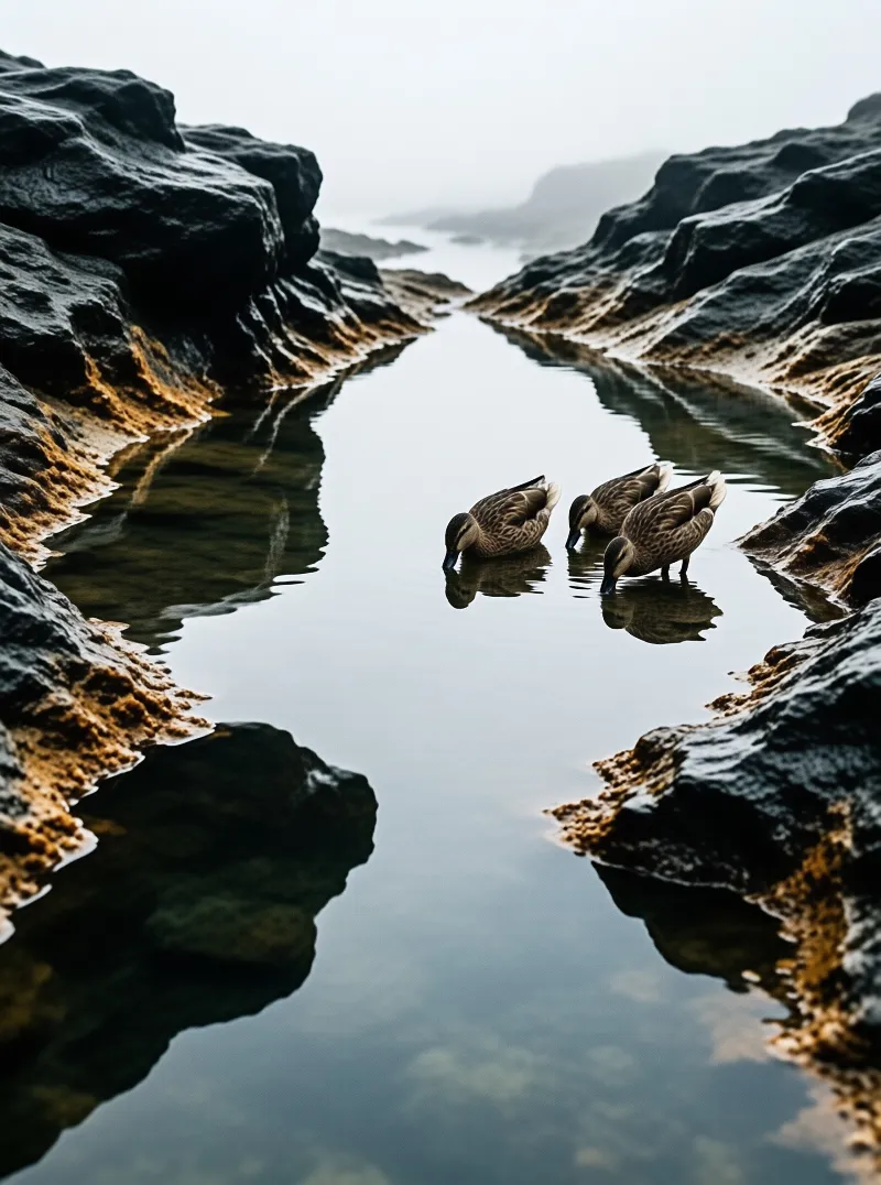 Three ducks forage in still water between jagged rocks, their reflections visible in a foggy coastal channel.