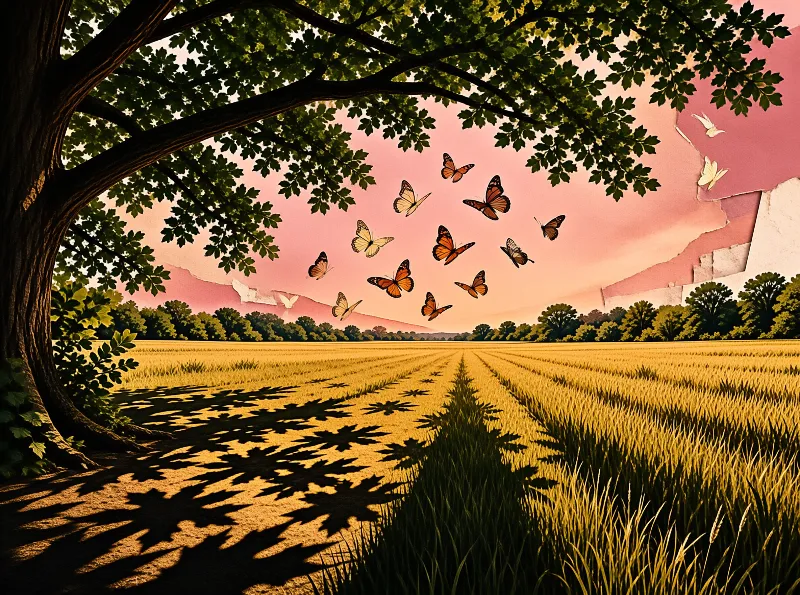A flock of orange butterflies drifts above a ripe wheat field shaded by a great tree against a soft pink sky