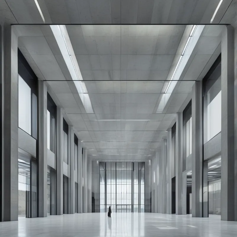 A vast grey interior of tall piers and polished floors runs toward a glazed end wall lit by two long ceiling openings.