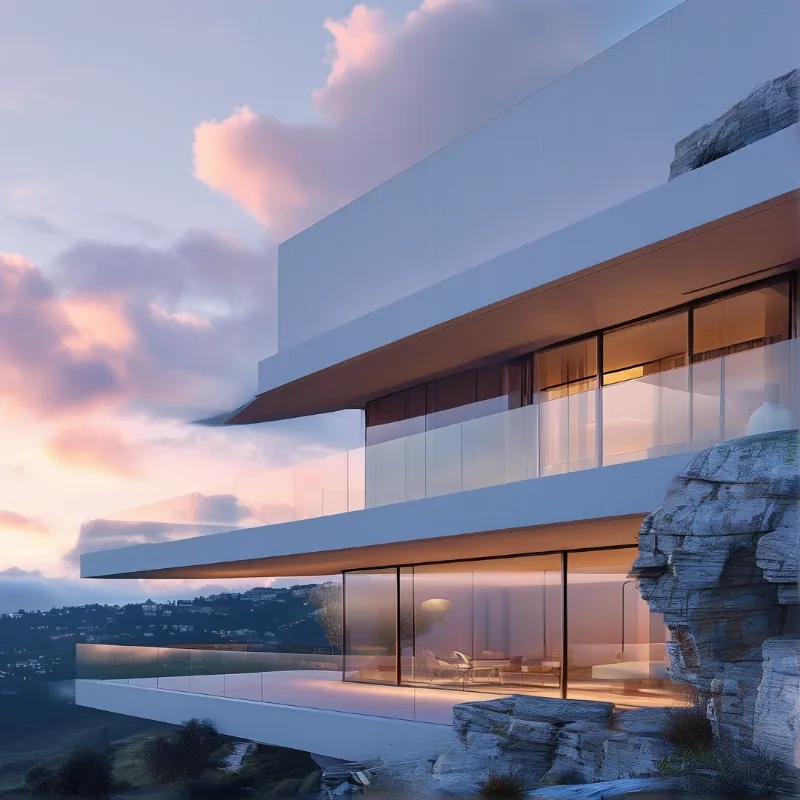 A sleek white building with glass walls sits atop a jagged rock formation while the sky glows pink.