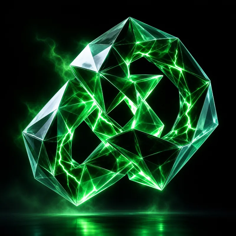 A faceted green crystal ring floats over a dark surface, glowing energy filling its edges with reflections on the wet ground.