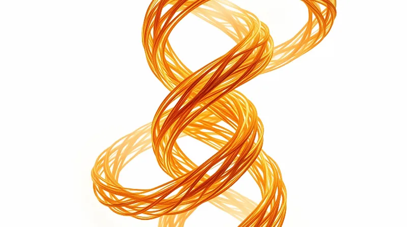 An abstract spiral of glowing golden and orange fibers twisting dynamically against a plain white background.