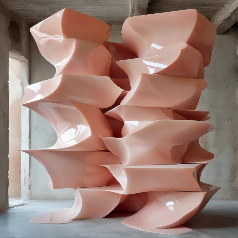 A tiered pink sculpture with glossy waves stands inside a rough concrete room lit by a window on the left.