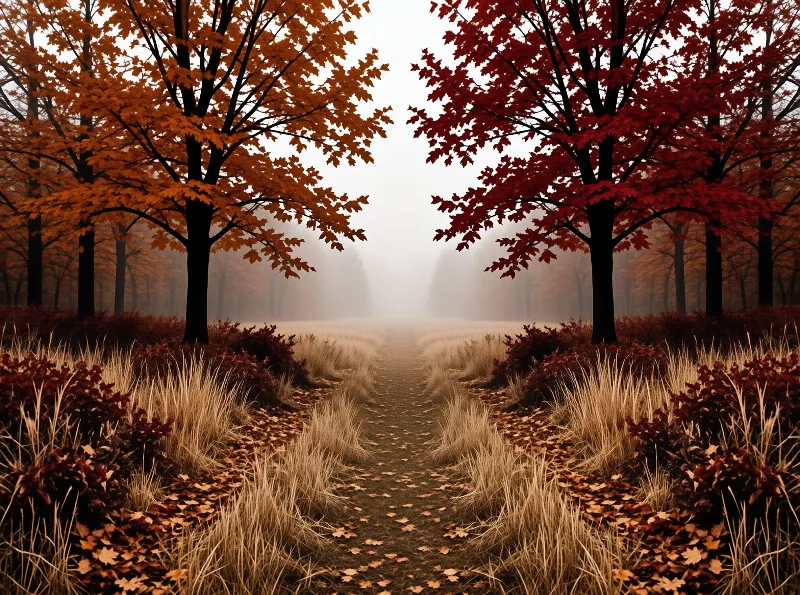 A foggy autumn scene shows a central dirt path flanked by vibrant orange and red trees fading into the distance.