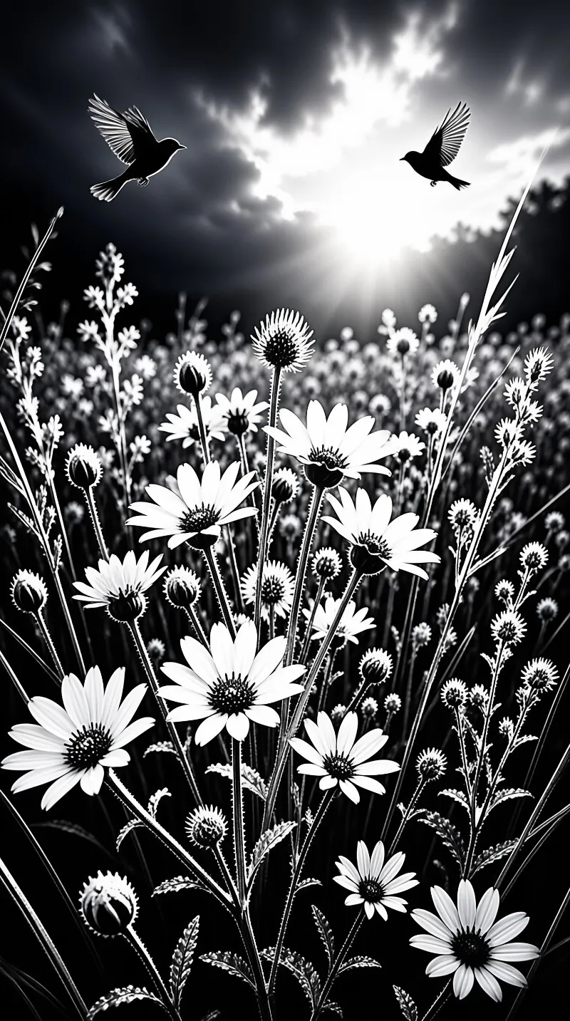 Two black birds soar above a field of pale daisies as sunlight bursts through heavy dark clouds.