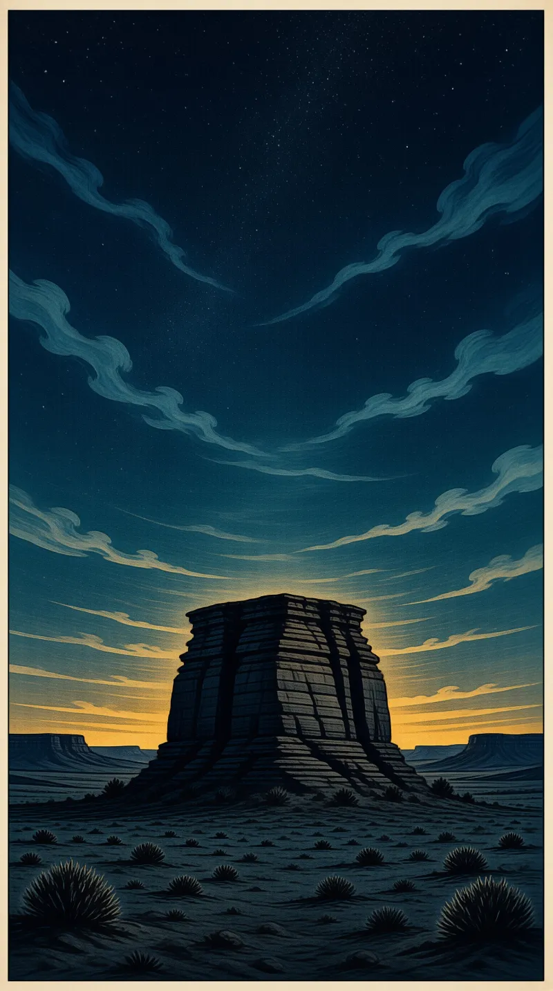 A massive layered rock formation rises from a desert plain while wispy clouds streak across a starry sky.