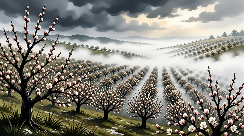 Rows of blooming almond trees cross foggy hills while dark storm clouds gather above the distant horizon.