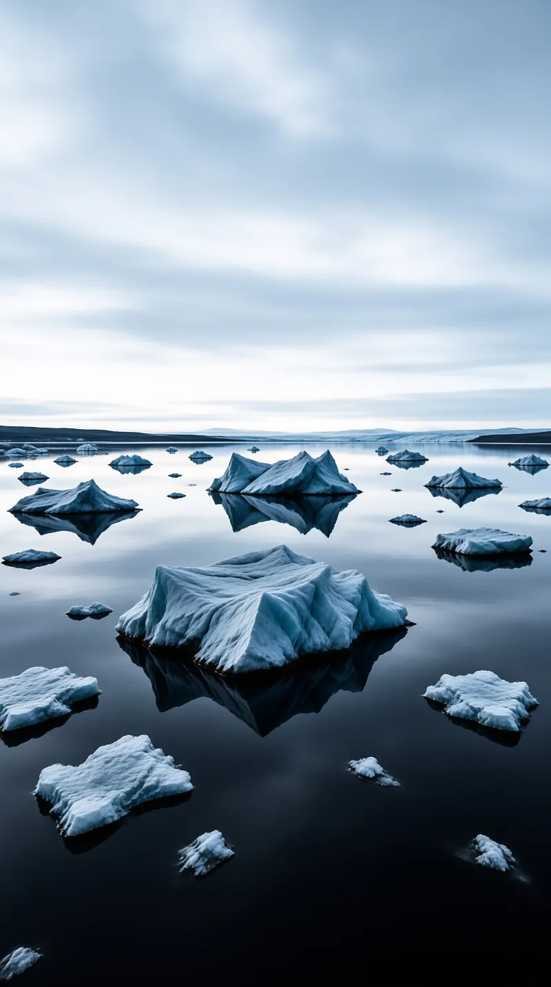 White and pale blue icebergs drift on still dark water, their mirror reflections stretching toward distant mountains.