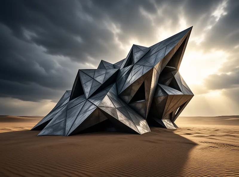 A faceted metal structure rests in desert sand as dark clouds meet bright sunlight in the sky.