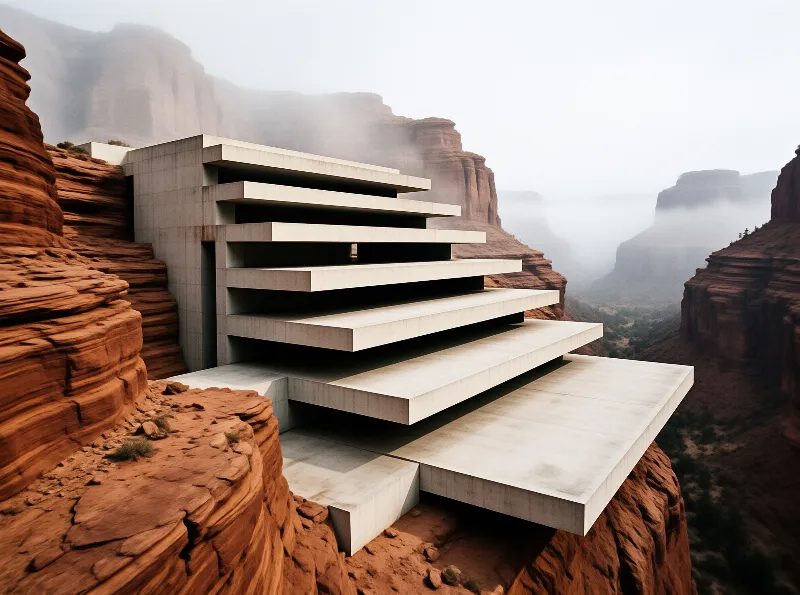 A layered concrete structure protrudes from a red rock cliff overlooking a misty desert canyon.