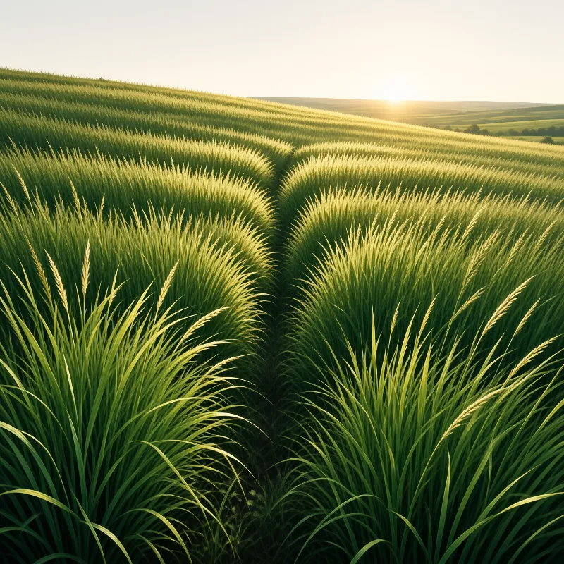 Tall green grasses form curved rows leading to a bright sun rising over distant hills.