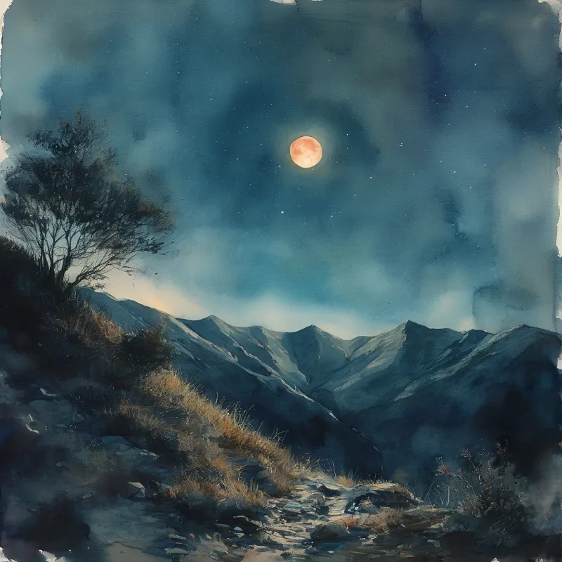 A rocky path winds through dark mountains under a large orange moon against a cloudy blue night sky.
