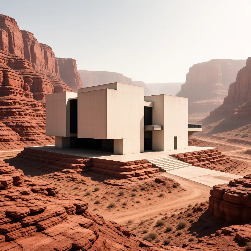 Pale interlocking volumes sit on a sandstone ledge, framed by layered canyon walls in hazy desert daylight.
