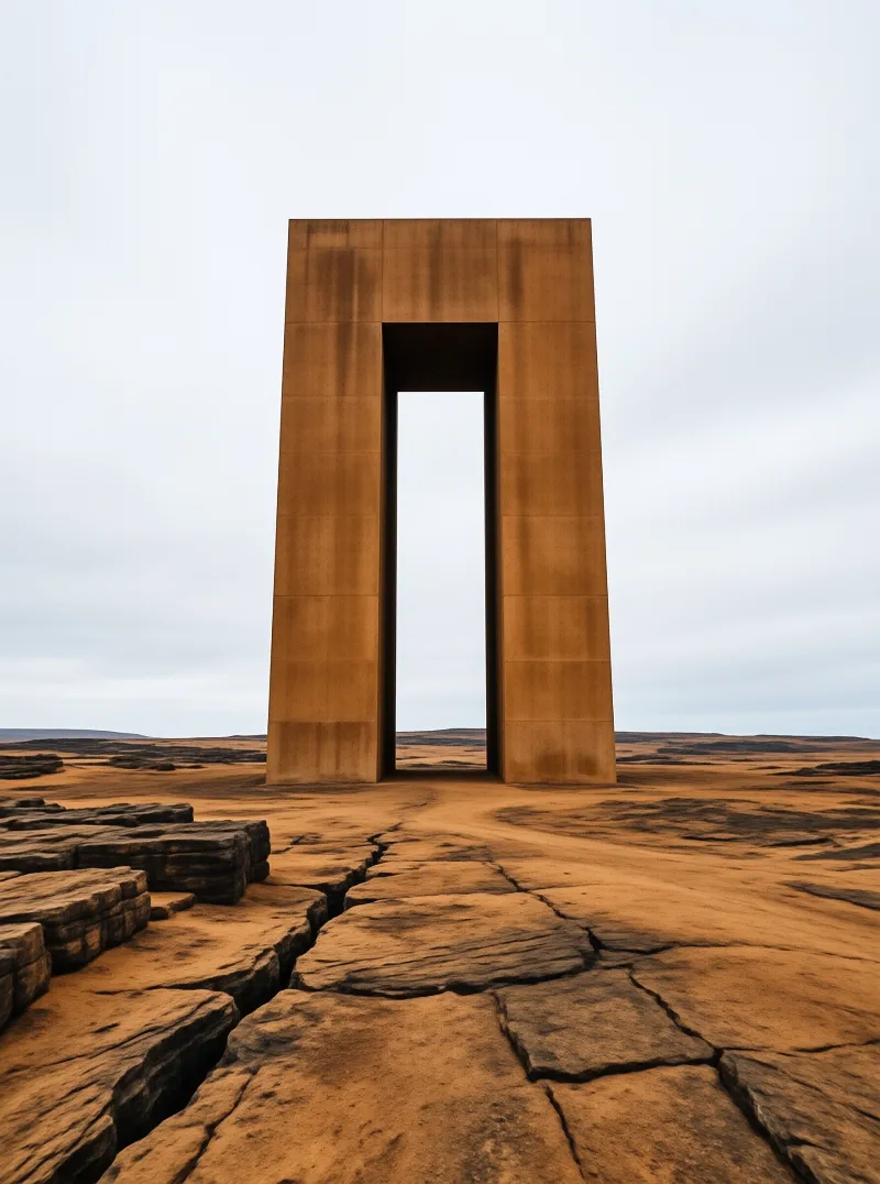 A massive rust-colored rectangular gate rises from a landscape of cracked flat stones beneath a cloudy sky.
