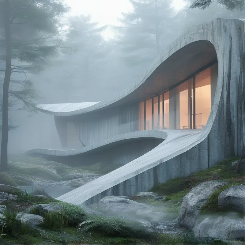 A futuristic curved concrete building sits among rocks and trees in a foggy forest with warm light inside.