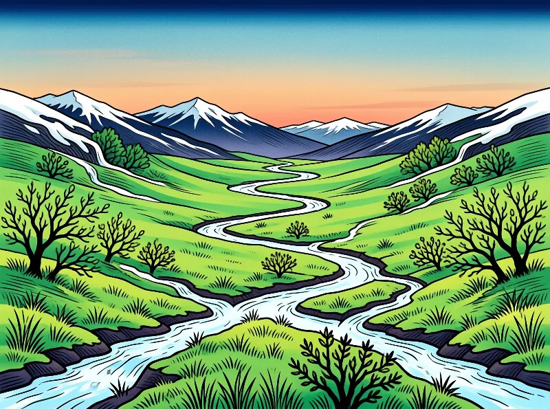 Retro poster landscape of braided streams crossing bright green hills toward snow capped peaks.
