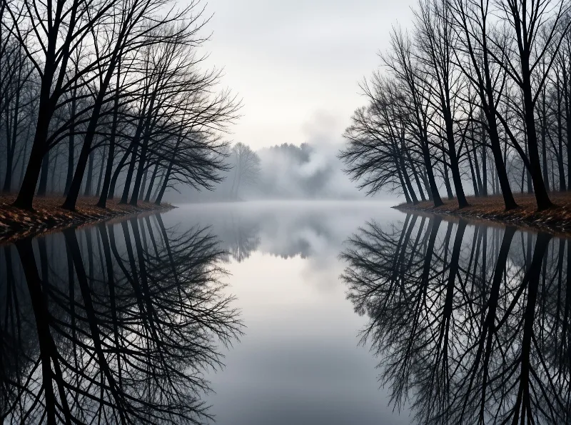 Leafless trees line the still fog-covered river, their dark mirrored silhouettes set against pale overcast grey morning light.