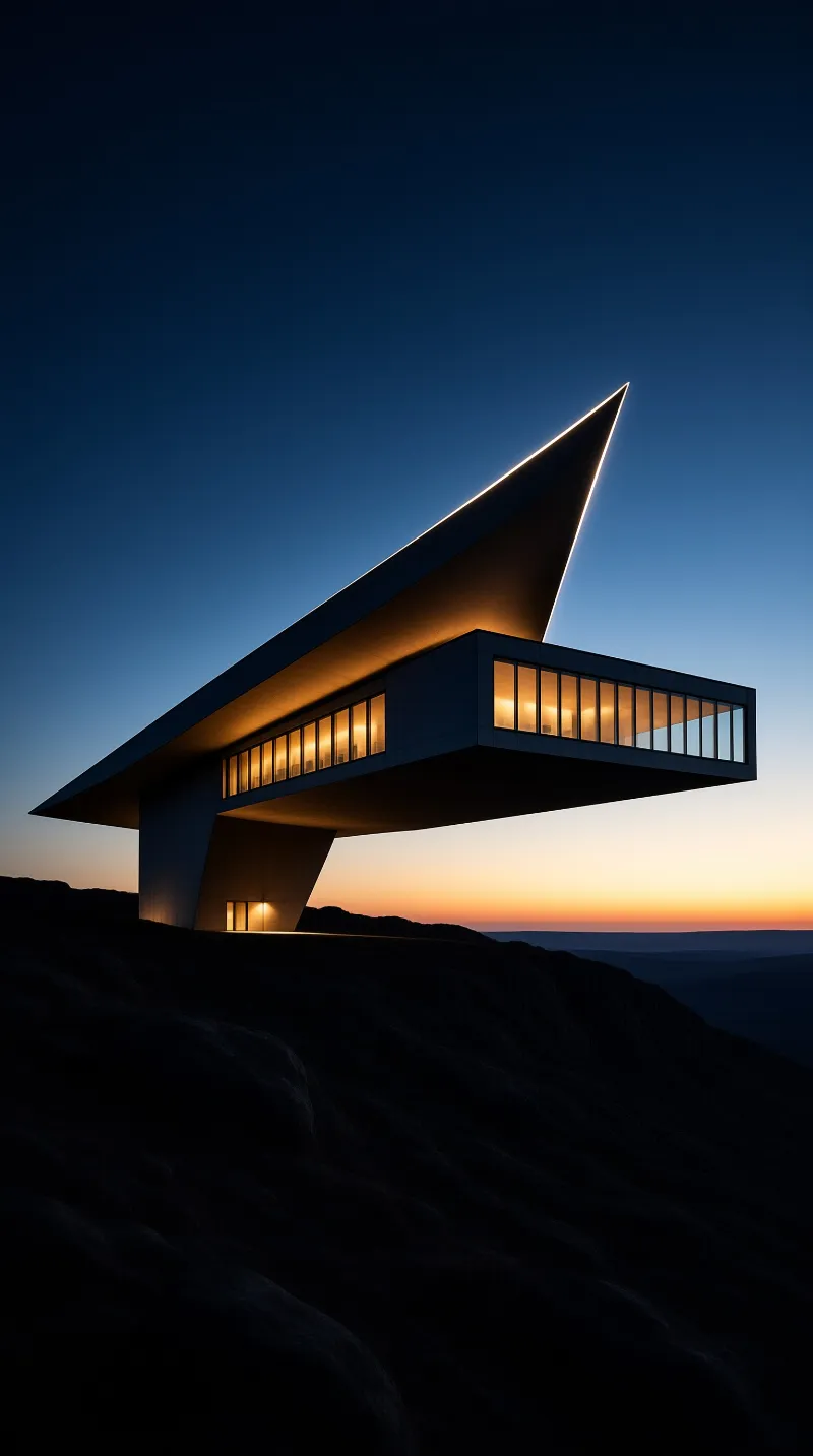 A sleek angular structure with warm glowing windows sits atop a dark hill against a gradient twilight sky.