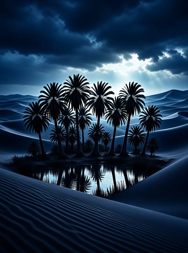 A cluster of silhouetted palm trees surrounds a still pool, mirrored beneath a stormy blue desert sky lit by moonlight.