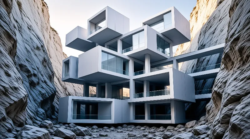 A multi-level white geometric house features glass balconies and is positioned between steep rocky cliffs under a bright sky.