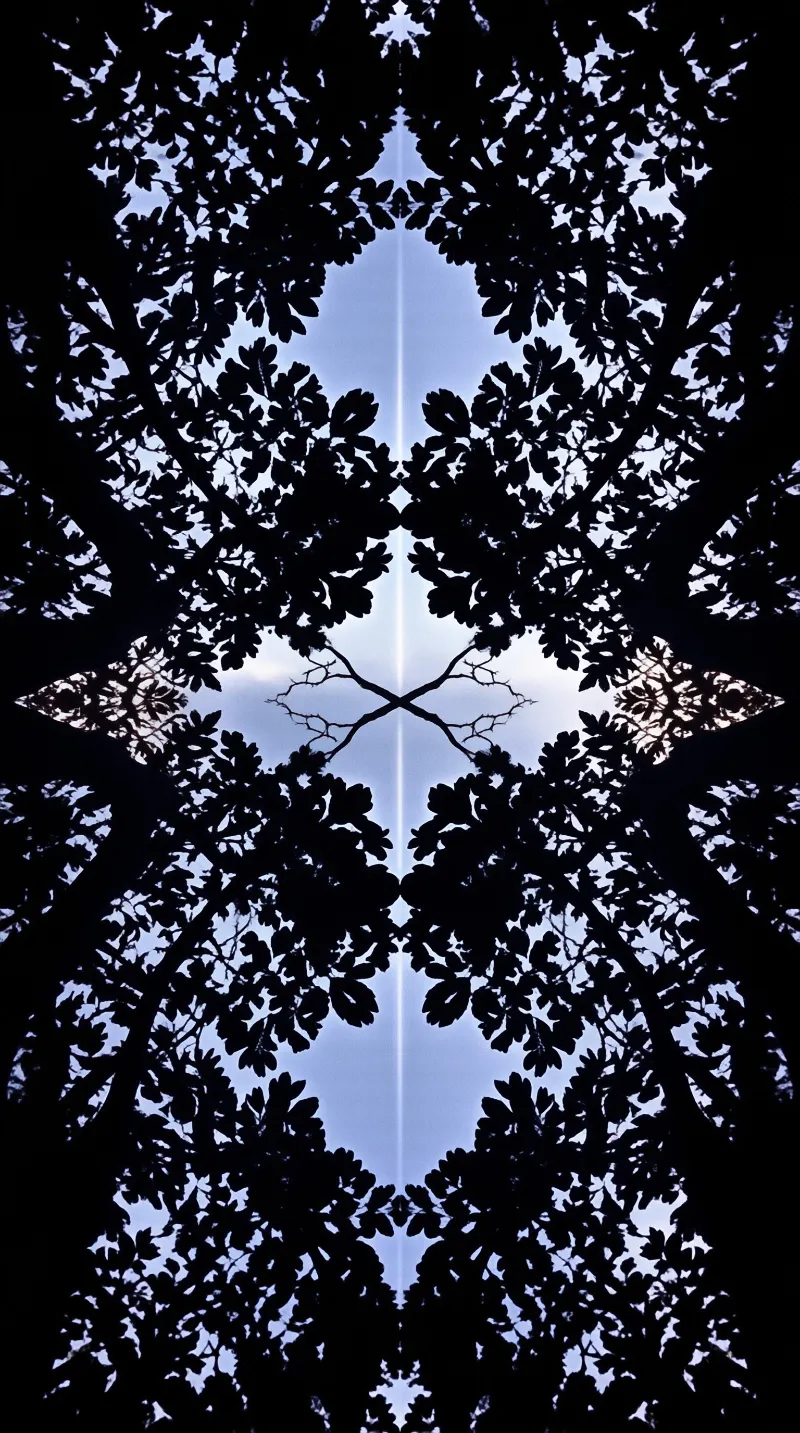 Dark tree branches form a symmetrical pattern against a soft blue sky background.