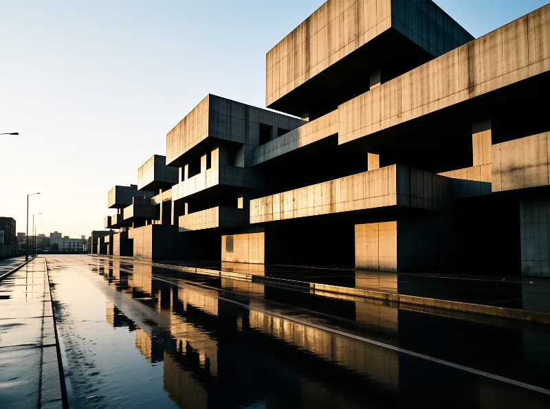 Cantilevered concrete cubes of a brutalist facade catch warm evening light and mirror it in the rain-soaked plaza below.