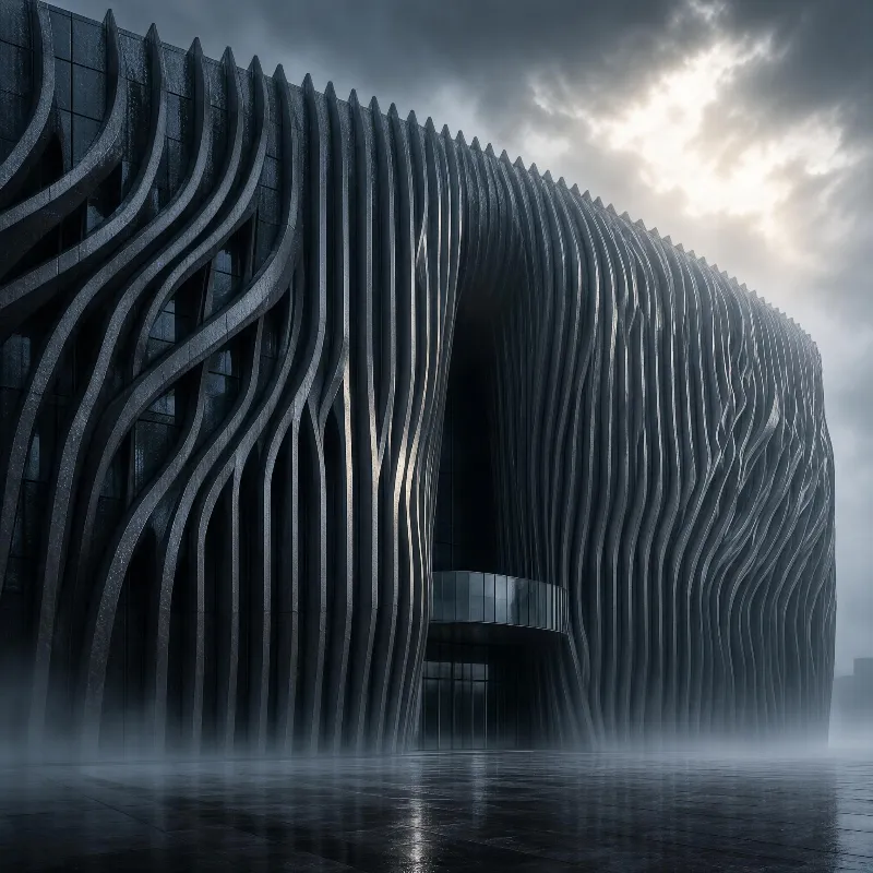 Futuristic Ribbed Architecture in Fog
