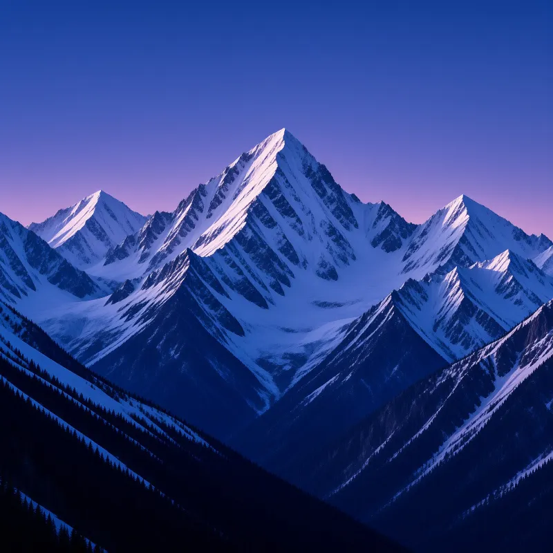 Sharp snow capped peaks rise against a gradient purple sky while dark forested slopes occupy the foreground below.