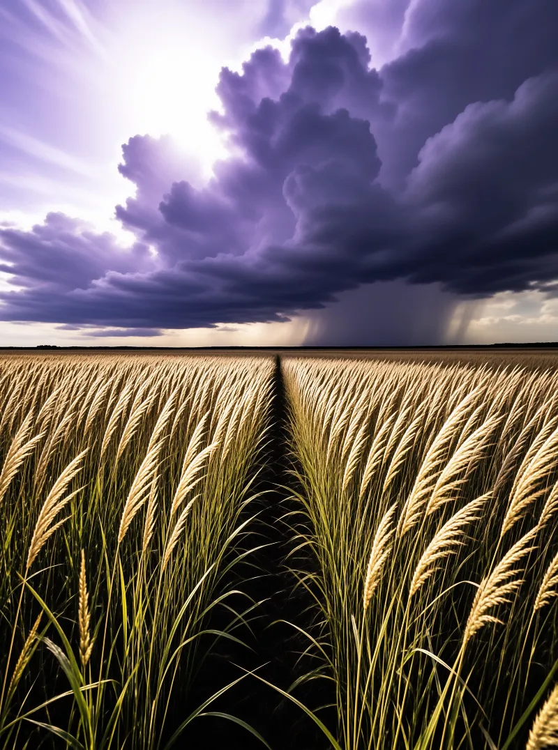 A wide shot of ripe grain crops split by a shadow line beneath heavy rain clouds with sunbeams.