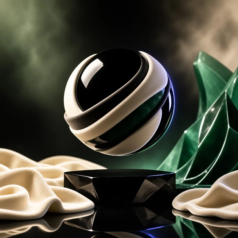 A lacquered orb wrapped in cream bands floats above a faceted base beside green crystal and folded fabric