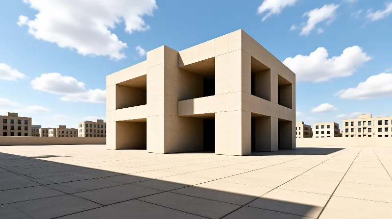 A beige modern building with large rectangular cutouts stands in a wide paved area under a bright blue sky.