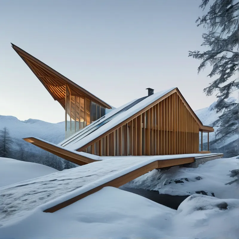 Modern Wooden Cabin in Snow