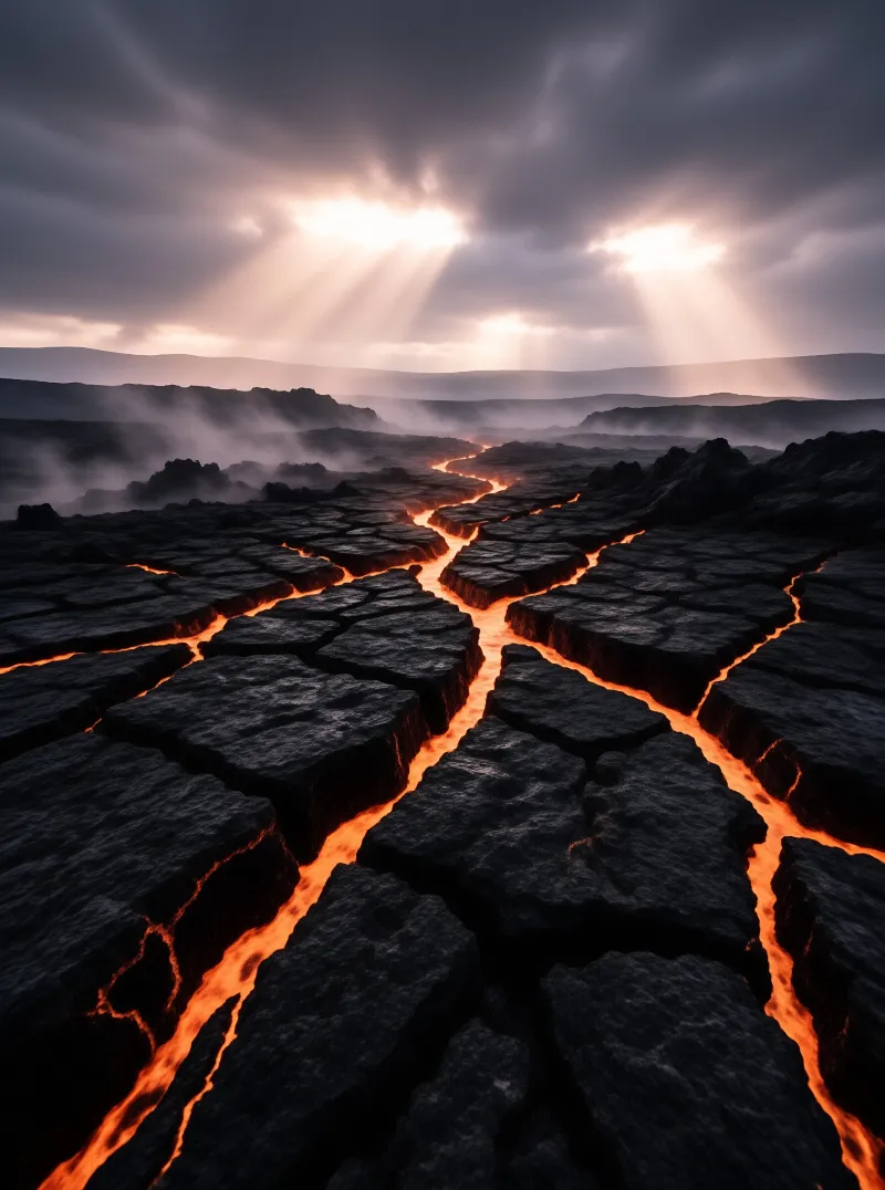 Bright orange lava flows through dark fissures across a volcanic plain while sunbeams shine through clouds above.
