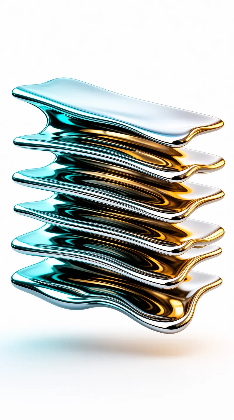 Stacked wavy metal sheets display a gradient from cyan to gold under bright studio lighting on a white surface.